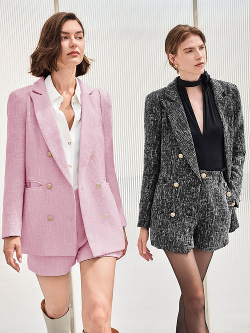 Cicy Bell  2 Piece Tweed Blazer Shorts Sets Long Sleeve Double Breasted Suit Jackets Business Outfit