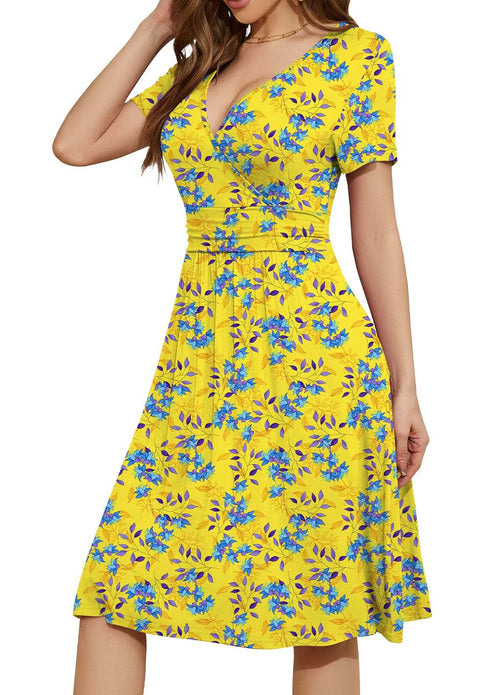 Casual  Short Sleeve V-Neck Floral Party Dress with Pockets