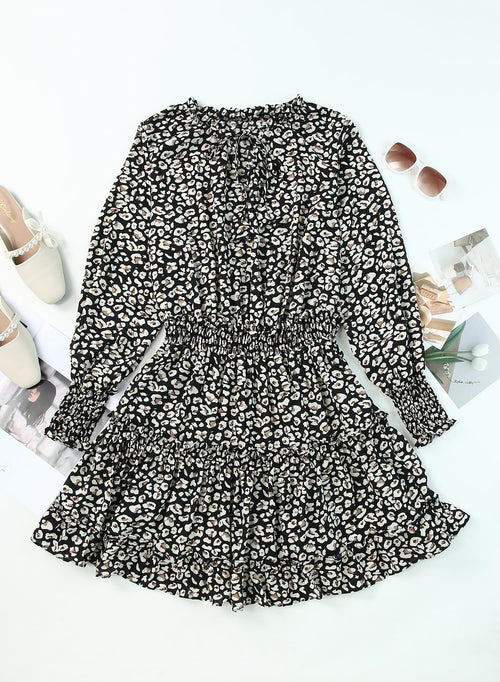 Floral Drawstring V Neck Smocked Long Sleeve Ruffle Tiered Chiffon