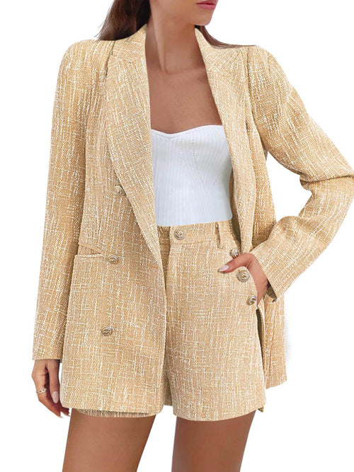 Cicy Bell  2 Piece Tweed Blazer Shorts Sets Long Sleeve Double Breasted Suit Jackets Business Outfit