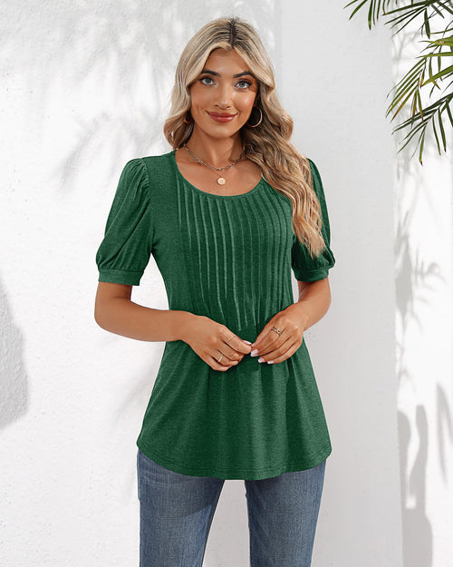 Puff Short Sleeve Tunic Pleated Crew Neck