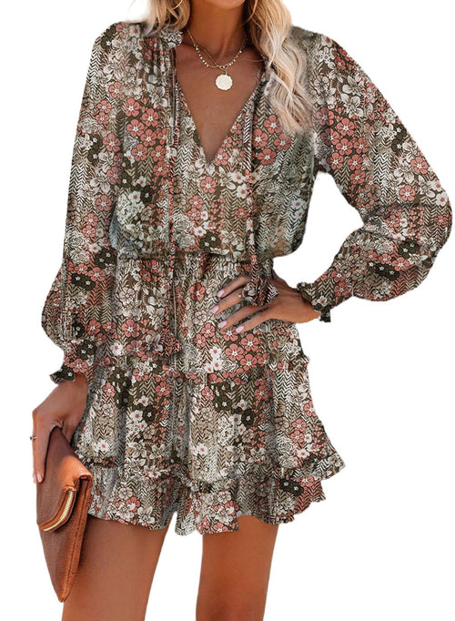 Floral Drawstring V Neck Smocked Long Sleeve Ruffle Tiered Chiffon