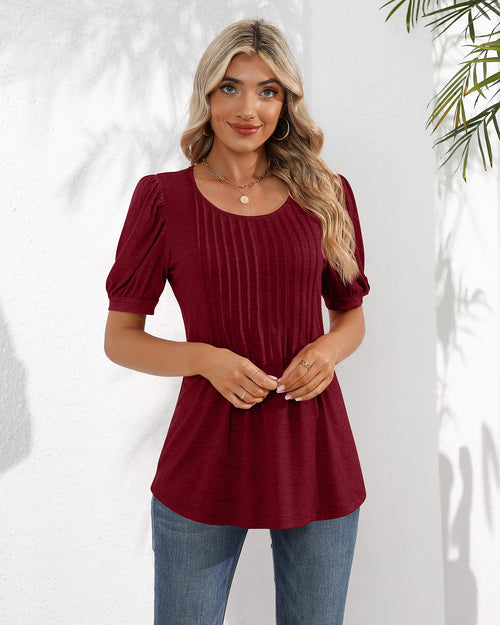 Puff Short Sleeve Tunic Pleated Crew Neck