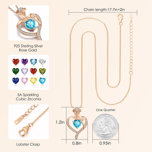 LOUISA SECRET Rose Flower Heart Birthstone Necklaces for Women, 925 Sterling Silver Fine Jewelry, Pendant Heart Necklaces Birthday Anniversary Christmas Gift for Women Wife Mom Girlfriend Lady