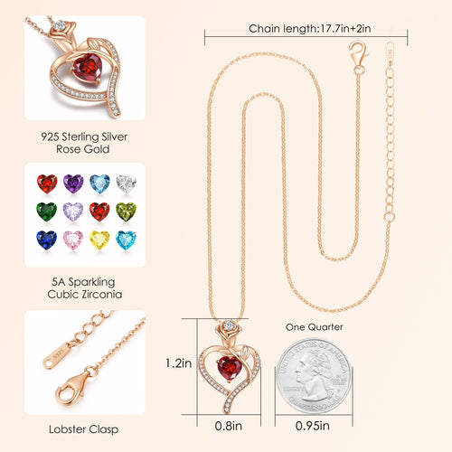 LOUISA SECRET Rose Flower Heart Birthstone Necklaces for Women, 925 Sterling Silver Fine Jewelry, Pendant Heart Necklaces Birthday Anniversary Christmas Gift for Women Wife Mom Girlfriend Lady