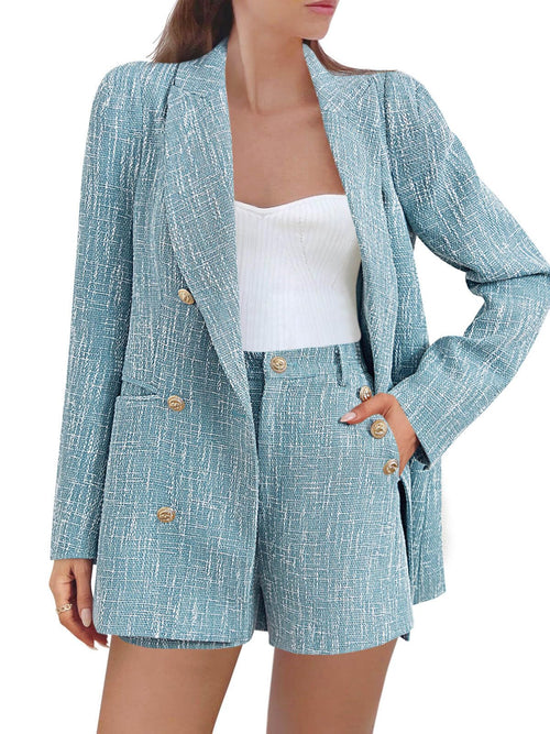 Cicy Bell  2 Piece Tweed Blazer Shorts Sets Long Sleeve Double Breasted Suit Jackets Business Outfit