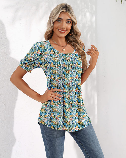 Puff Short Sleeve Tunic Pleated Crew Neck