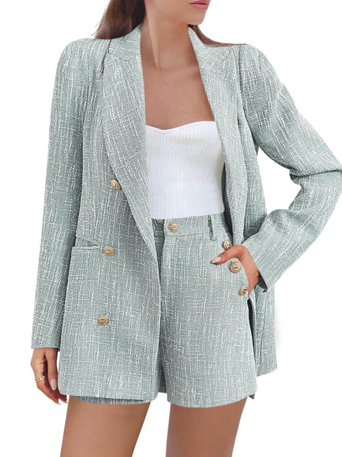 Cicy Bell  2 Piece Tweed Blazer Shorts Sets Long Sleeve Double Breasted Suit Jackets Business Outfit