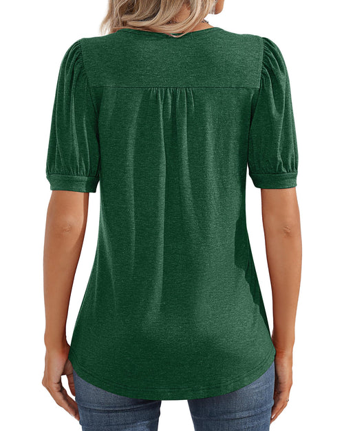 Puff Short Sleeve Tunic Pleated Crew Neck