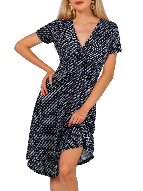 Short Sleeve V Neck Wrap Casual Midi