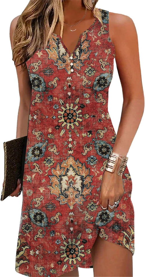 A-Line Elegant Vintage V-Neck Floral Printed Sleeveless