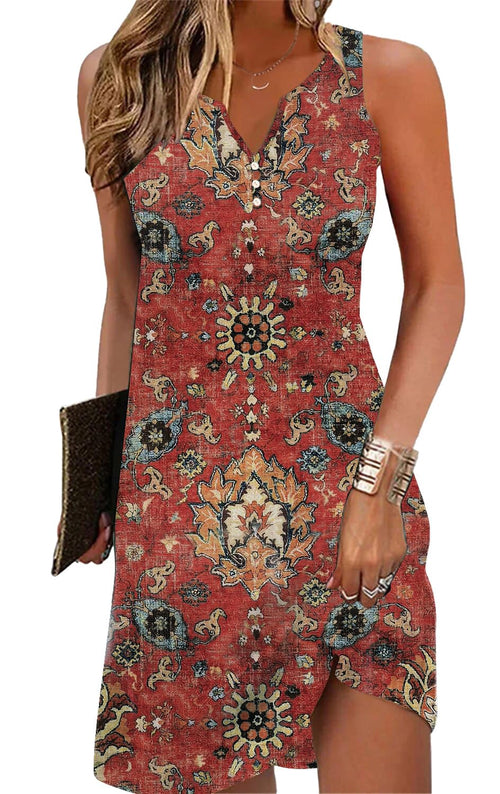 A-Line Elegant Vintage V-Neck Floral Printed Sleeveless