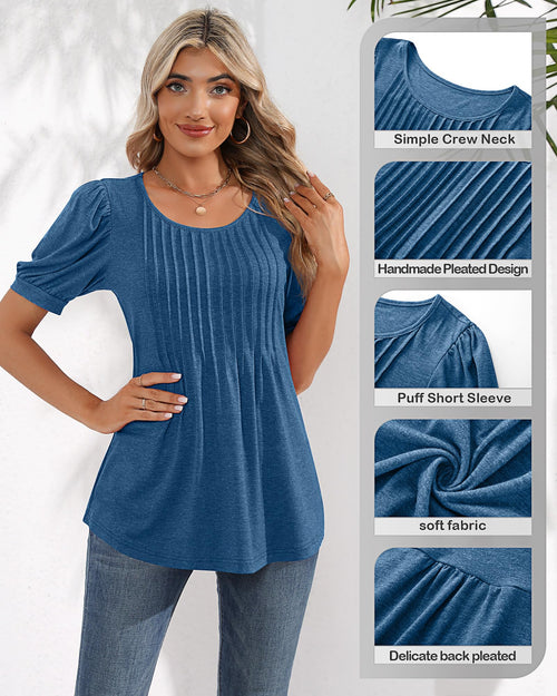 Puff Short Sleeve Tunic Pleated Crew Neck