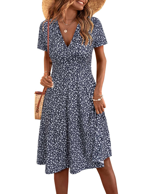 Short Sleeve V Neck Wrap Casual Midi