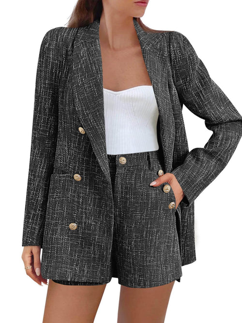 Cicy Bell  2 Piece Tweed Blazer Shorts Sets Long Sleeve Double Breasted Suit Jackets Business Outfit