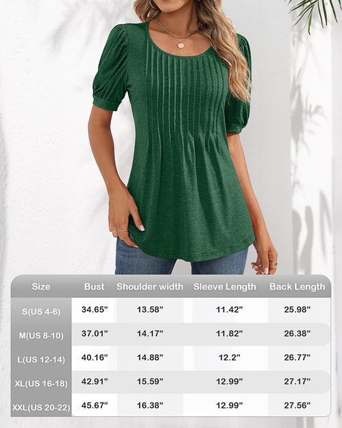 Puff Short Sleeve Tunic Pleated Crew Neck