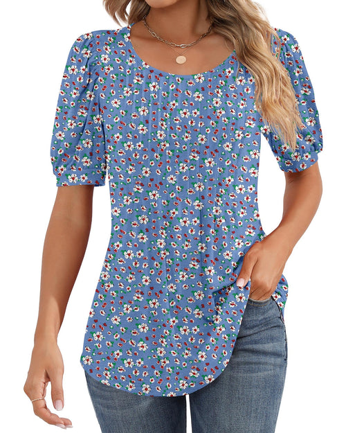 Puff Short Sleeve Tunic Pleated Crew Neck