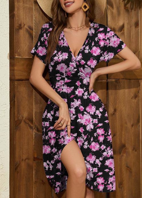 Casual  Short Sleeve V-Neck Floral Party Dress with Pockets