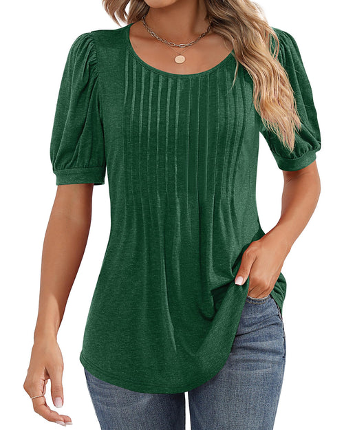 Puff Short Sleeve Tunic Pleated Crew Neck