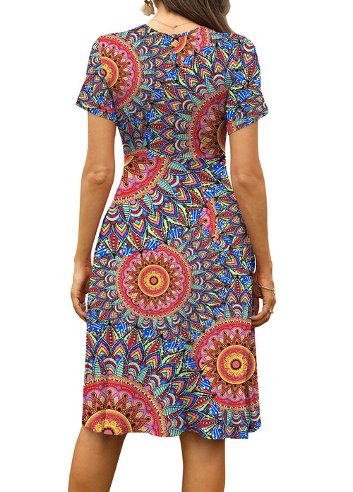 Casual  Short Sleeve V-Neck Floral Party Dress with Pockets