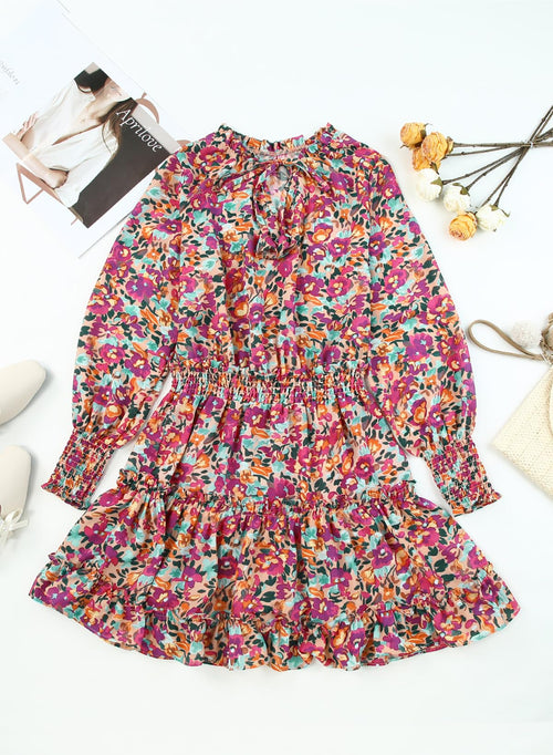 Floral Drawstring V Neck Smocked Long Sleeve Ruffle Tiered Chiffon