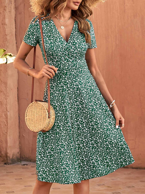 Short Sleeve V Neck Wrap Casual Midi