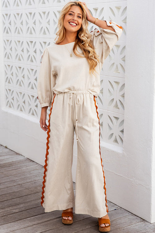 White Ric Rac Trim Long Sleeve Top and Wide Leg Pants Set