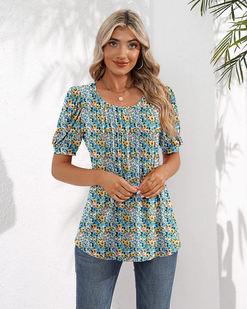 Puff Short Sleeve Tunic Pleated Crew Neck