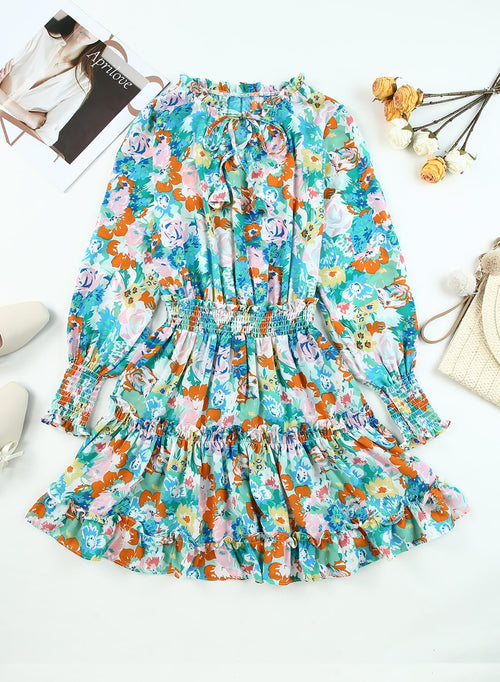 Floral Drawstring V Neck Smocked Long Sleeve Ruffle Tiered Chiffon