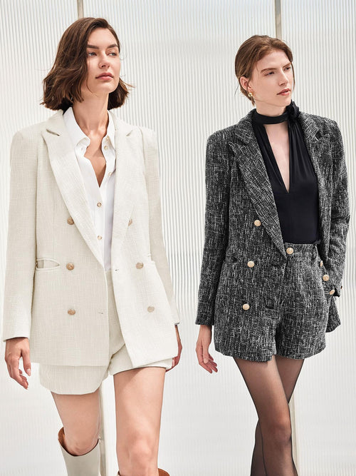 Cicy Bell  2 Piece Tweed Blazer Shorts Sets Long Sleeve Double Breasted Suit Jackets Business Outfit