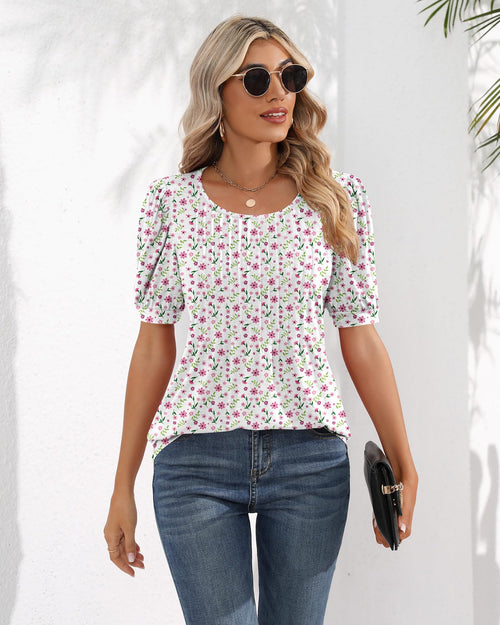 Puff Short Sleeve Tunic Pleated Crew Neck