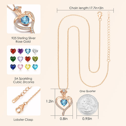 LOUISA SECRET Rose Flower Heart Birthstone Necklaces for Women, 925 Sterling Silver Fine Jewelry, Pendant Heart Necklaces Birthday Anniversary Christmas Gift for Women Wife Mom Girlfriend Lady