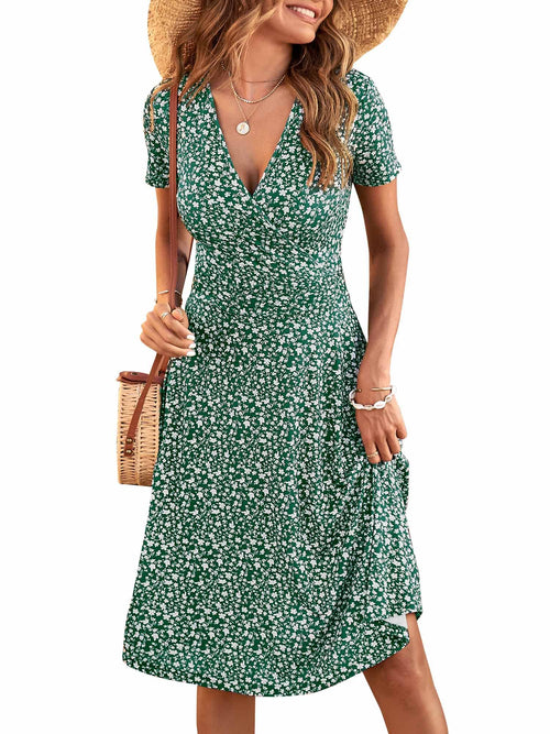 Short Sleeve V Neck Wrap Casual Midi