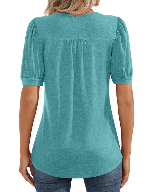 Puff Short Sleeve Tunic Pleated Crew Neck