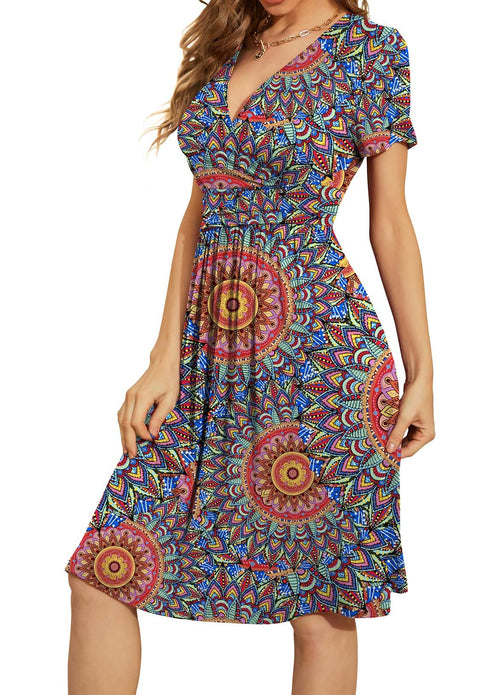 Casual  Short Sleeve V-Neck Floral Party Dress with Pockets