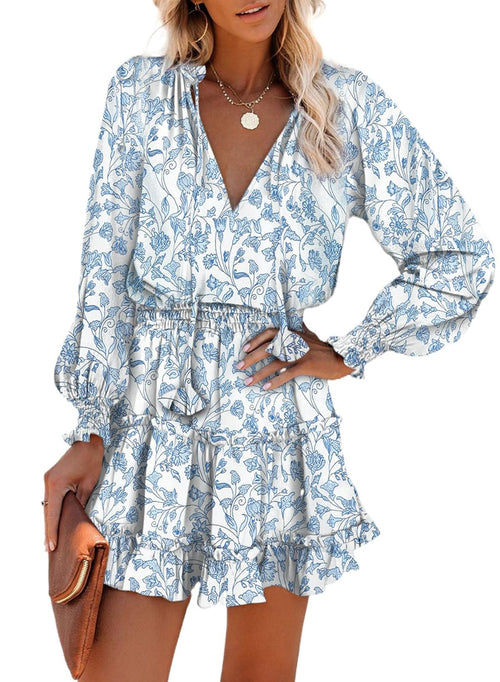 Floral Drawstring V Neck Smocked Long Sleeve Ruffle Tiered Chiffon