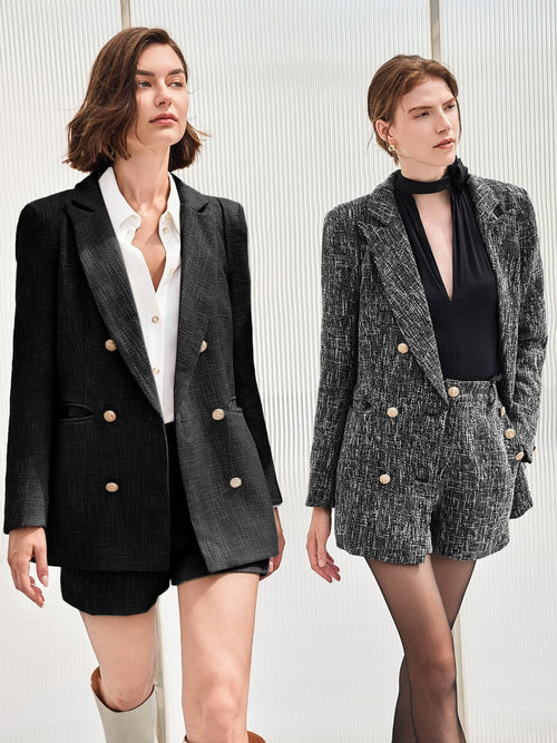 Cicy Bell  2 Piece Tweed Blazer Shorts Sets Long Sleeve Double Breasted Suit Jackets Business Outfit