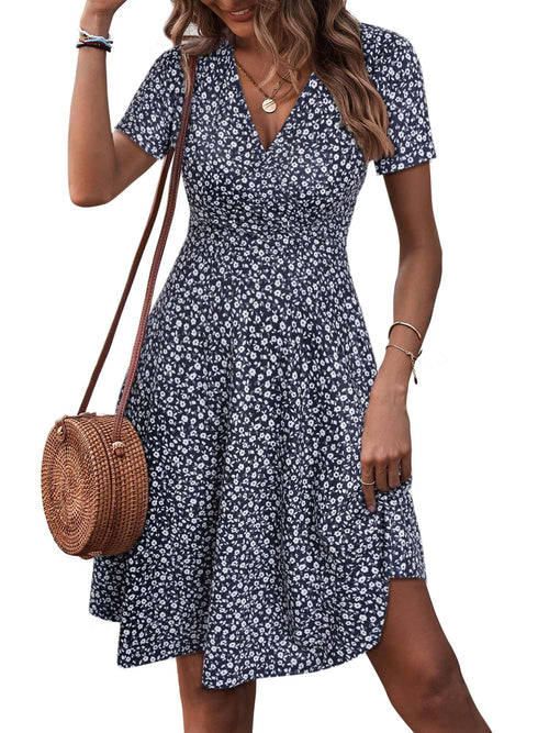 Short Sleeve V Neck Wrap Casual Midi