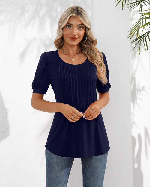 Puff Short Sleeve Tunic Pleated Crew Neck