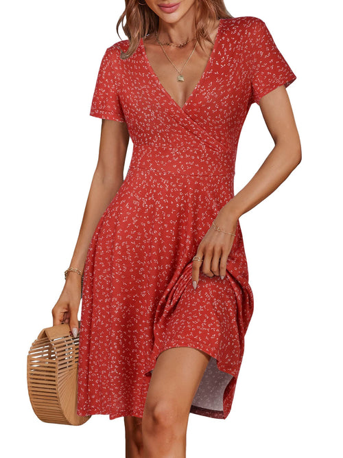 Short Sleeve V Neck Wrap Casual Midi