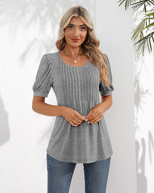 Puff Short Sleeve Tunic Pleated Crew Neck