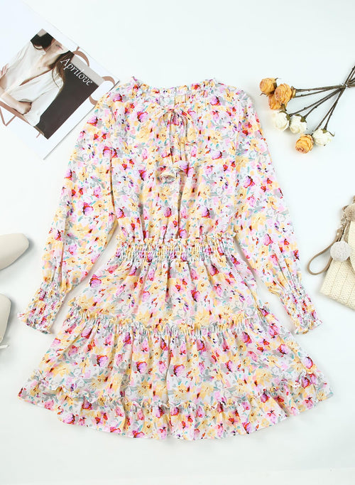 Floral Drawstring V Neck Smocked Long Sleeve Ruffle Tiered Chiffon