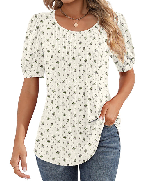 Puff Short Sleeve Tunic Pleated Crew Neck