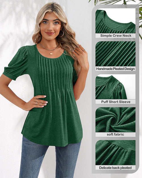 Puff Short Sleeve Tunic Pleated Crew Neck