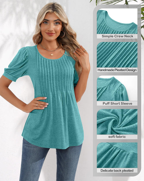 Puff Short Sleeve Tunic Pleated Crew Neck