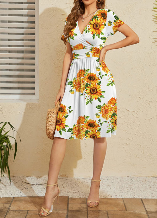 Casual  Short Sleeve V-Neck Floral Party Dress with Pockets