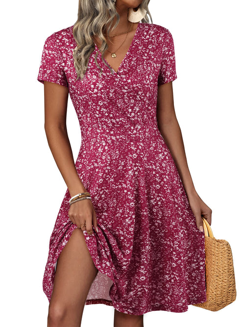 Short Sleeve V Neck Wrap Casual Midi