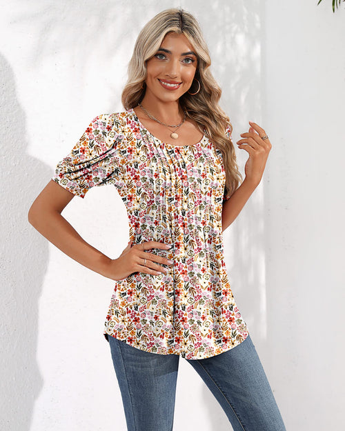 Puff Short Sleeve Tunic Pleated Crew Neck