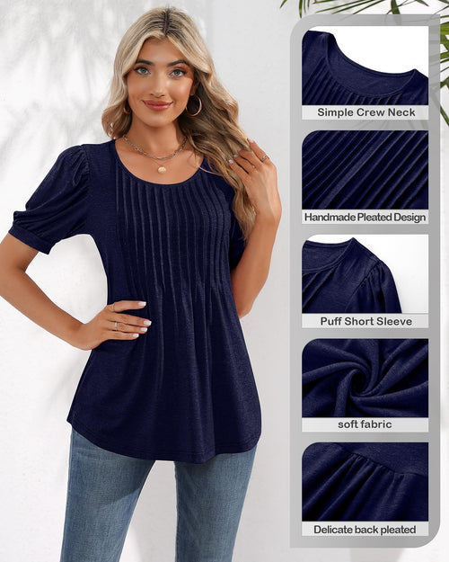 Puff Short Sleeve Tunic Pleated Crew Neck