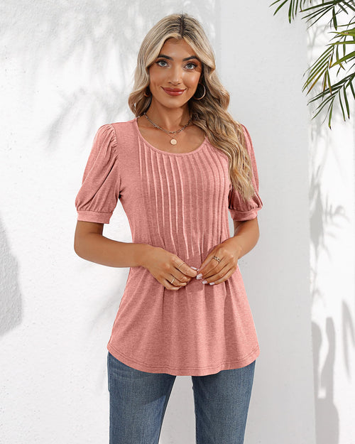 Puff Short Sleeve Tunic Pleated Crew Neck